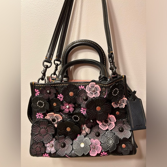 Coach Handbags - COACH 1941 Rogue 25 with Tea Rose Applique Black Pink Pebble Leather 87065